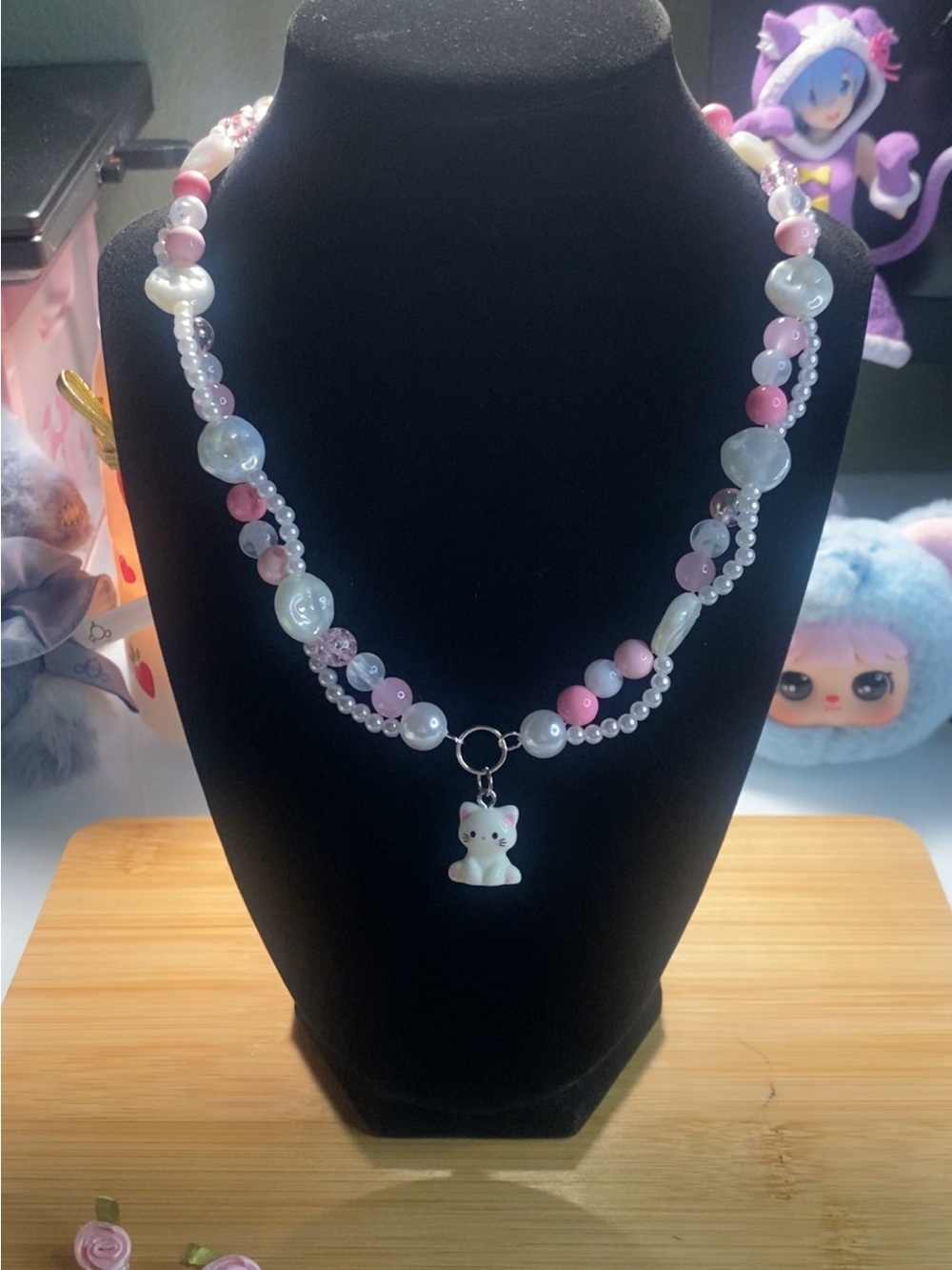 Cute Pink Pearl Beaded Necklace with Cat Pendant (handmade)